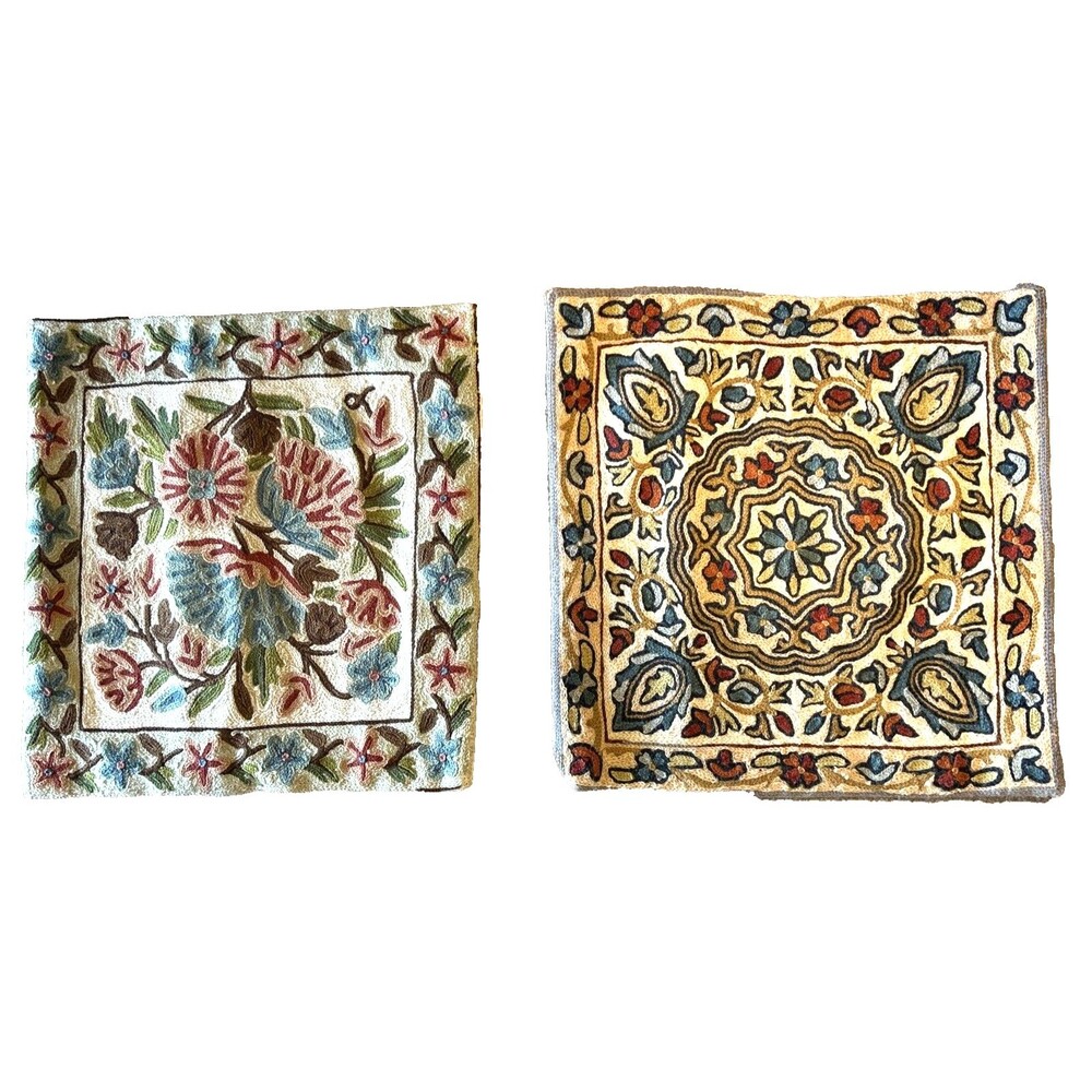 Pottery Barn Crewel Embroidered Floral Pillow Covers 15” Decorative Toss Accent